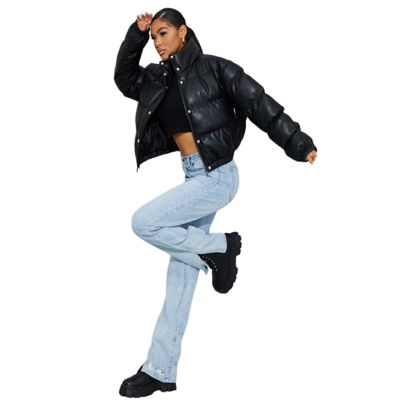 Pretty Little Thing Black Faux Leather Elastic Hem Bubble Puffer Coat, Size L - Picture 11 of 11